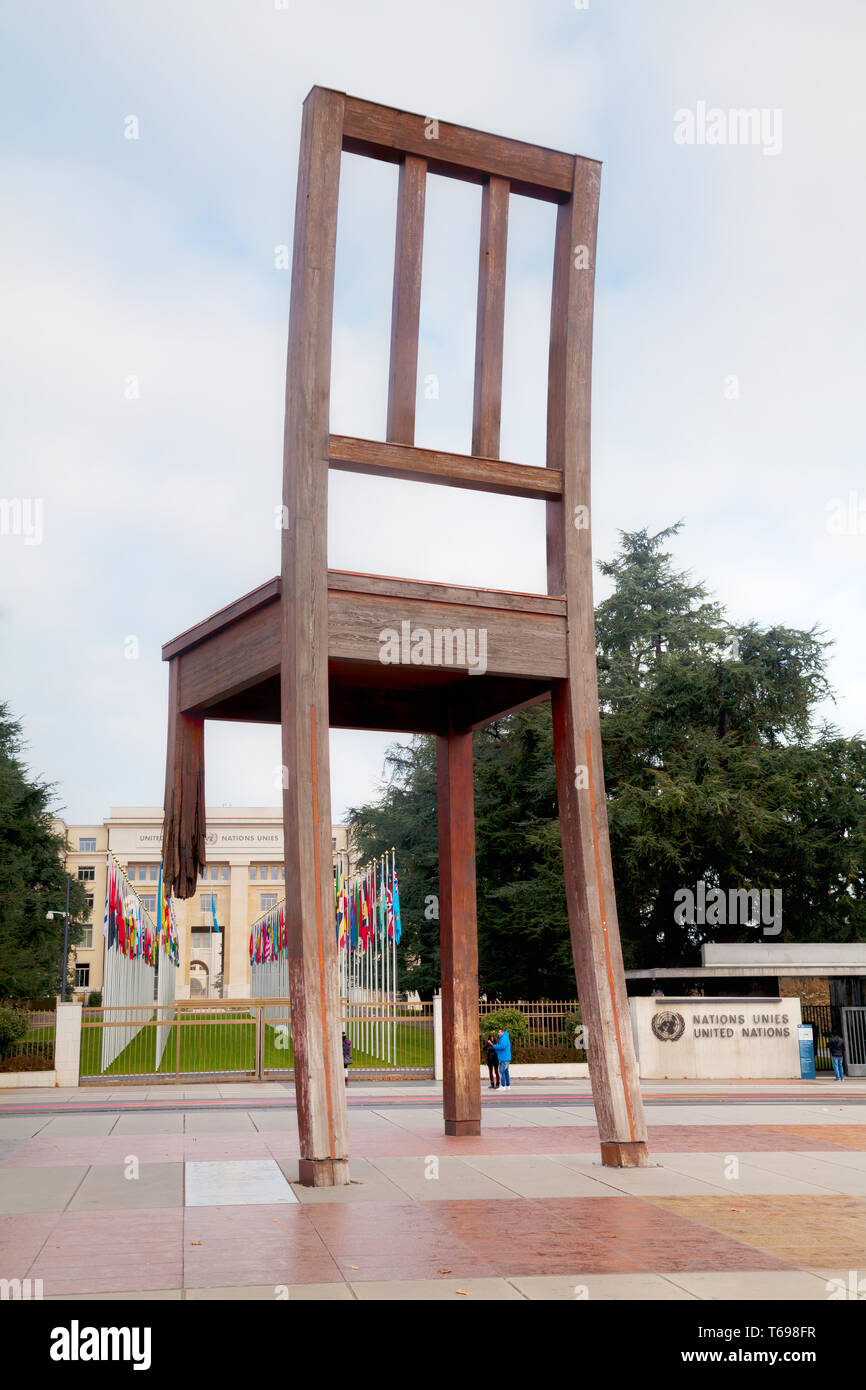 Broken Chair monument near United Nations palace in Geneva Stock Photo