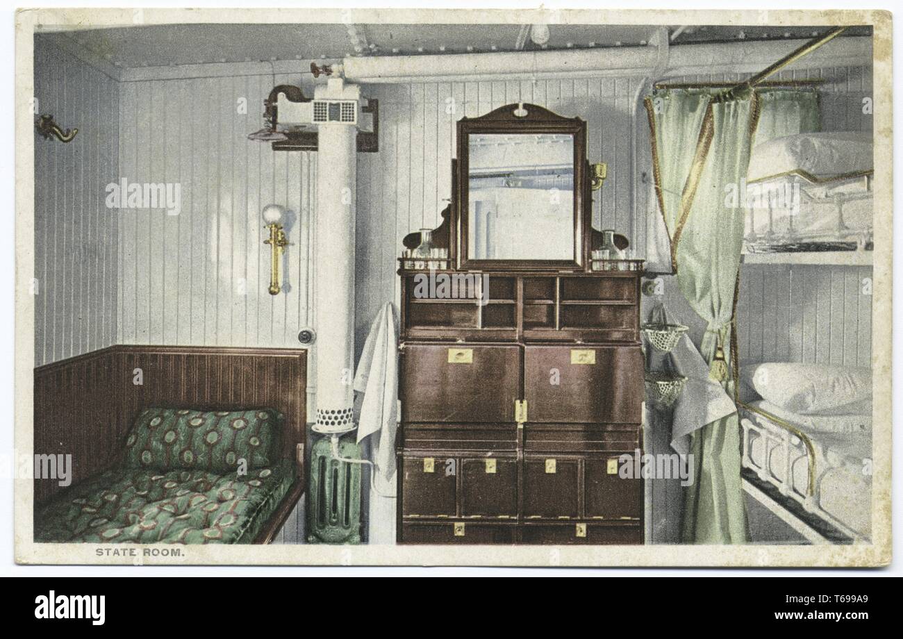 Postcard of a state room on a ship, 1914. From the New York Public Library. () Stock Photo