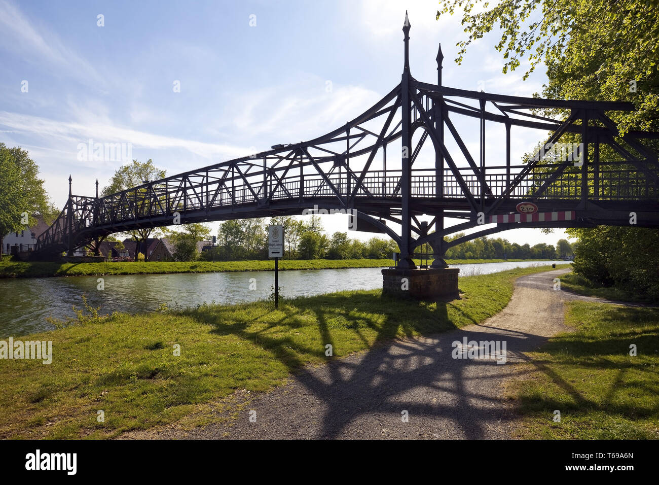 Dortmund Ems Canal with historic bridge Bevergerner Steg, Hoerstel, North Rhine-Westphalia, Germany Stock Photo