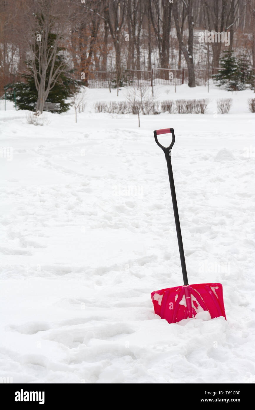 Red plastic shovel with black handle stuck in fluffy snow. Stock Photo