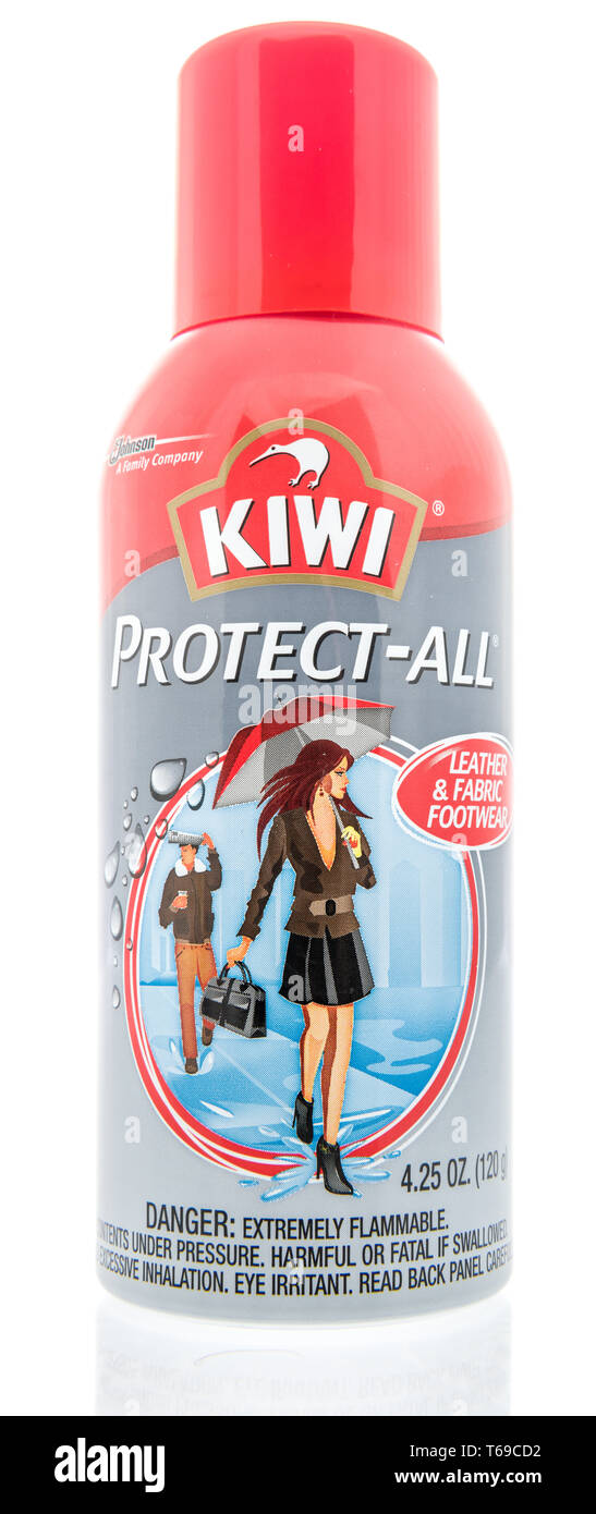 Winneconne, WI -  26 April 2019: A package of Kiwi protect-all leather and fabric protectant spray on an isolated background Stock Photo