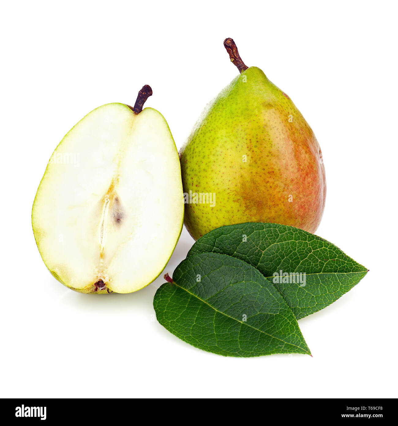 Pear and Half with Green Leaves Isolated on White Background. Stock Photo