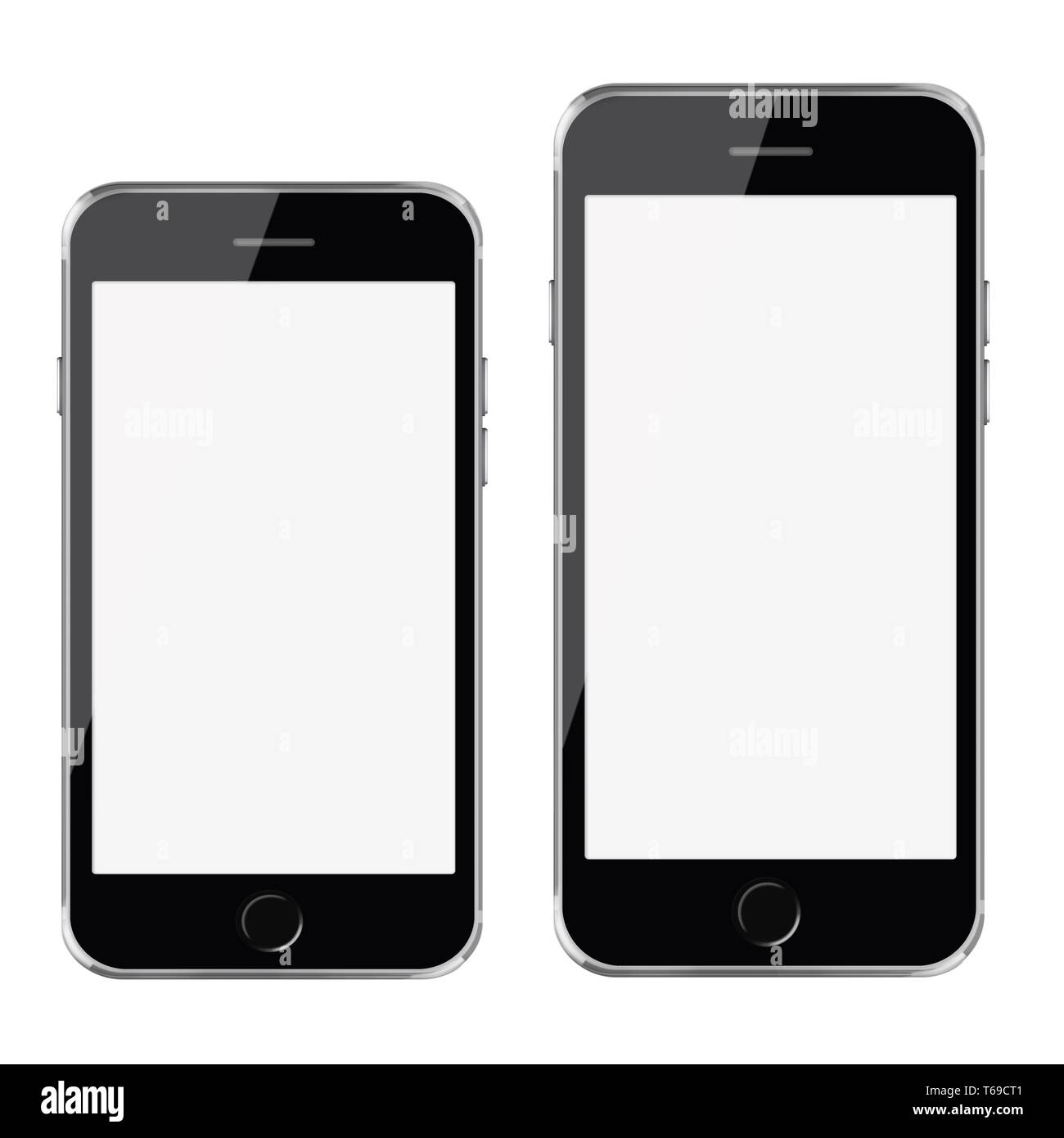 Mobile smart phones with white screen isolated on white background. Stock Photo