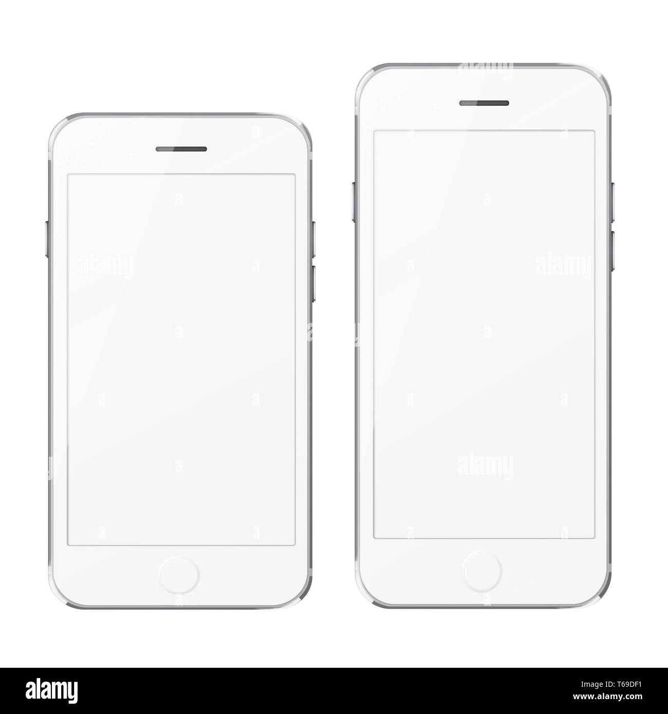 Mobile smart phones with white screen isolated on white background. Stock Photo