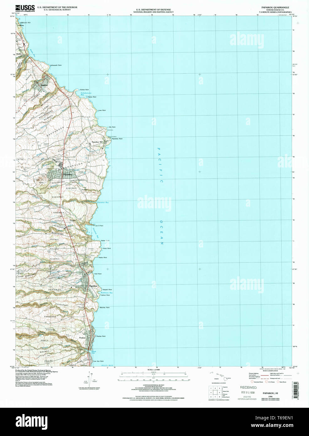USGS TOPO Map Hawaii HI Papaikou 349659 1994 24000 Restoration Stock