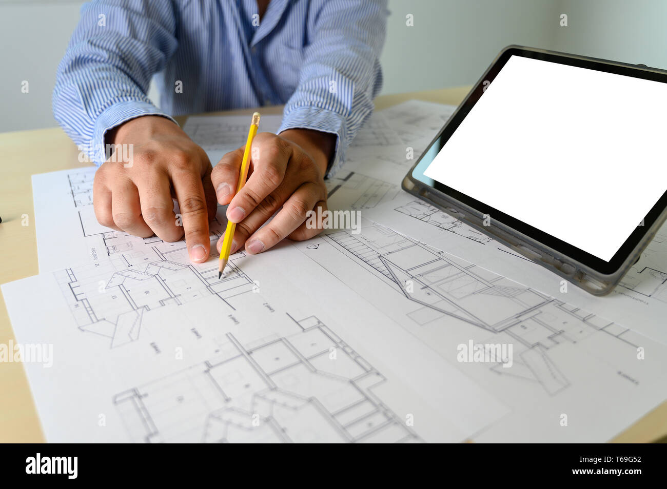 Architects working laptop  interior Architect workplace Construction concept tools Stock Photo
