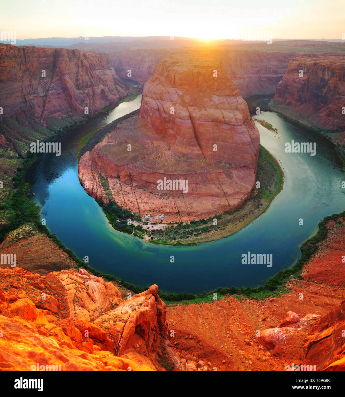 Panoramic overview of Horseshoe Bend near Page, Arizona Stock Photo