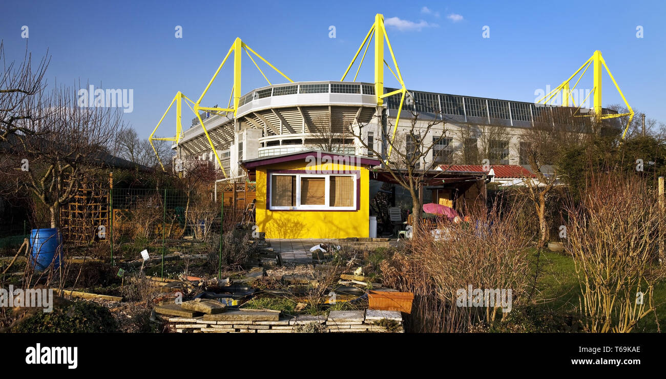 allotment garden in front of Signal Iduna Park football stadium of BVB, Dortmund, Germany Stock Photo