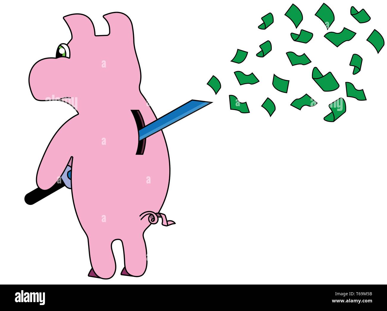 piggy bank doing harakiri with dollars. Illustration Stock Vector