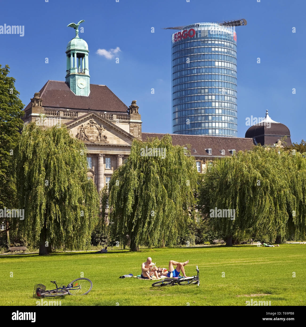 rhine meadow in front of the legislature building and the Ergo office tower, Duesseldorf, Germany Stock Photo