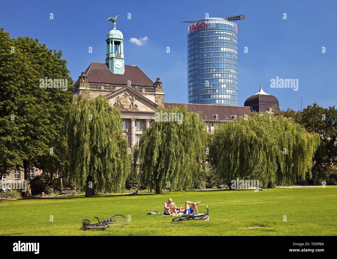 rhine meadow in front of the legislature building and the Ergo office tower, Duesseldorf, Germany Stock Photo