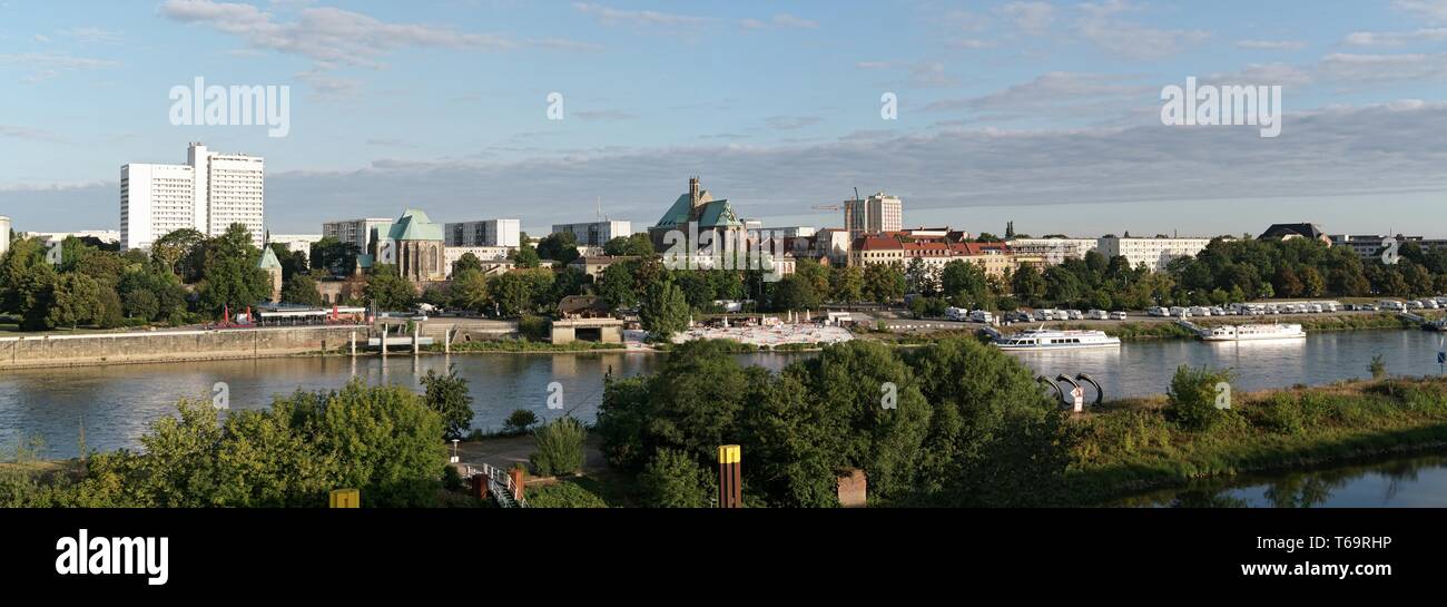 Panorama of the banks of the Elbe River near Magdeburg Stock Photo