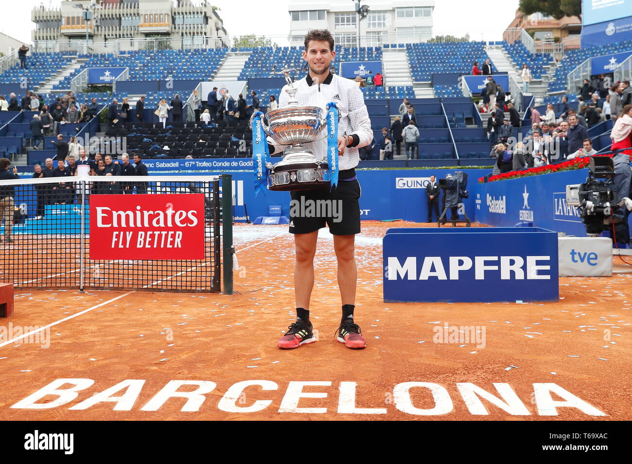 Barcelona, Spain. 28th Apr, 2019. Dominic Thiem (AUT) Tennis : Dominic Thiem of Austria after winning singles final match against Daniil Medvedev of Russia on the Barcelona Open Banc Sabadell tennis tournament at the Real Club de Tenis de Barcelona in Barcelona, Spain . Credit: Mutsu Kawamori/AFLO/Alamy Live News Stock Photo