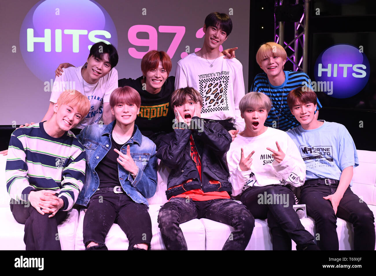 Hollywood, FL, USA. 29th Apr, 2019. Taeyong, Taeil, Yuta, Jaehyun, Winwin,  Mark, Haechan, Johnny and Doyoung of K-Pop boy group NCT 127 at radio  station Hits 97.3 Live on April 29, 2019