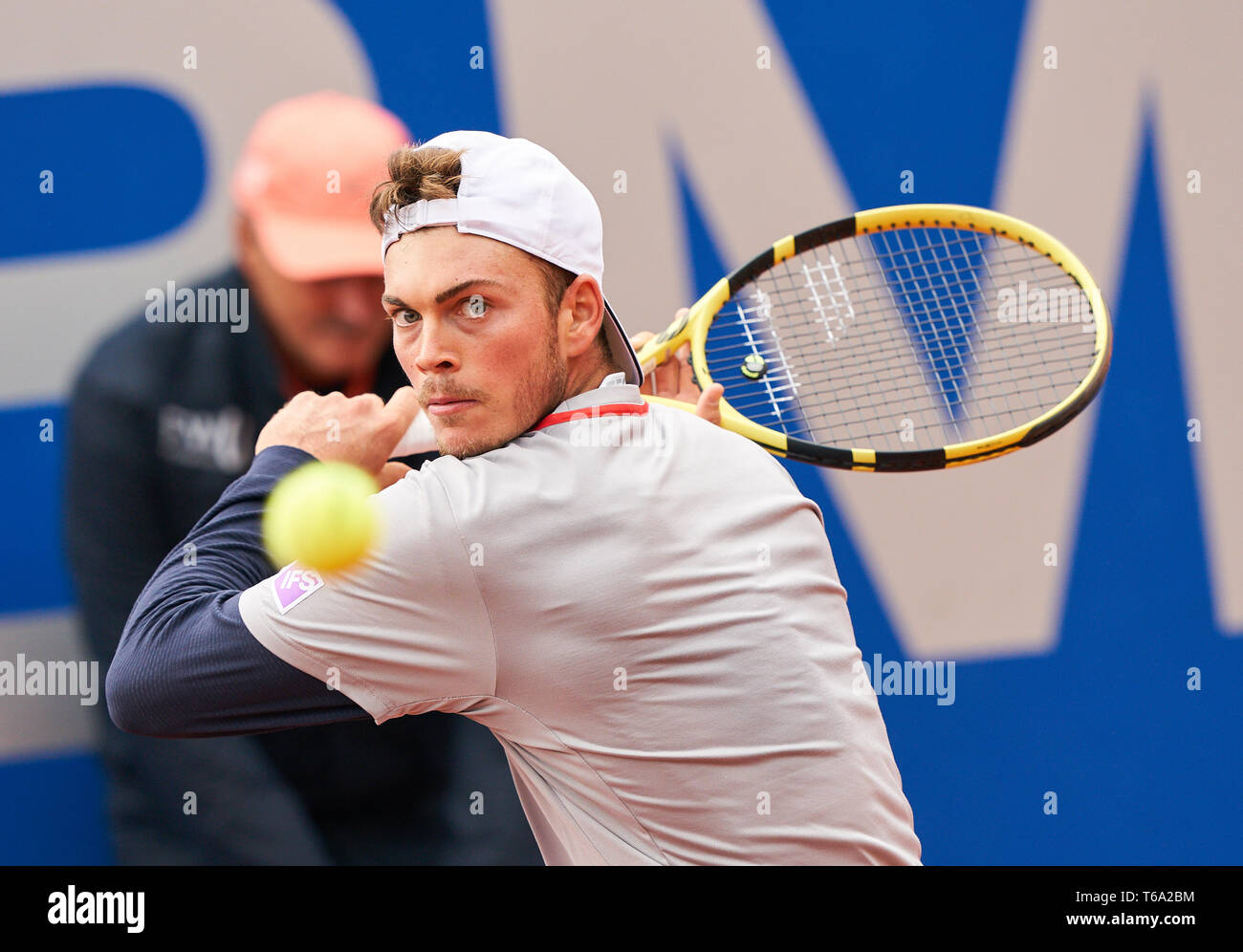 Munich, Germany. 30th Apr, 2019. Tennis: ATP-Tour - Munich, singles, men,  1st round: Garin (Chile) - Maden (Germany). Cristian Garin beats a  forehand. Credit: Sven Hoppe/dpa/Alamy Live News Stock Photo - Alamy