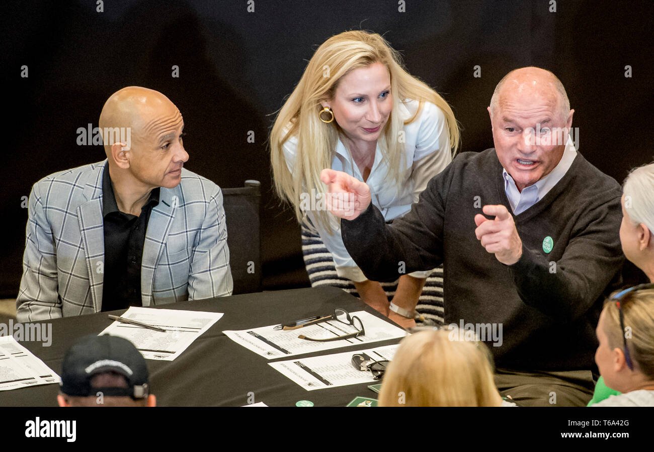 Louisville, Kentucky, USA. 30th Apr, 2019. LOUISVILLE, KENTUCKY - APRIL 30: Jockey Mike Smith, Andrea Mandella and Richard Mandella at the Post Position Draw for the 145th Kentucky Derby at Churchill Downs in Louisville, Kentucky on April 30, 2019. Scott Serio/Eclipse Sportswire/CSM/Alamy Live News Stock Photo