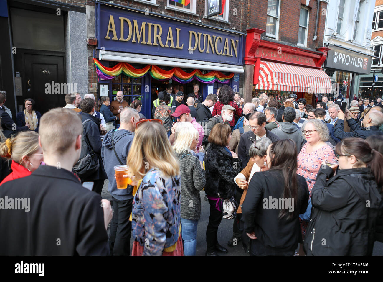 Soho, London, UK. 30th Apr, 2019. 20th anniversary of the tragic bombing at gay pub Admiral Duncan in Soho with a community-led act of Remembrance outside the historic venue in Old Compton Street. On the same day in 1999, a nail bomb attack at the pub in Soho killed three people and wounded 79. Four of the survivors had to have limbs amputated. Credit: Penelope Barritt/Alamy Live News Stock Photo