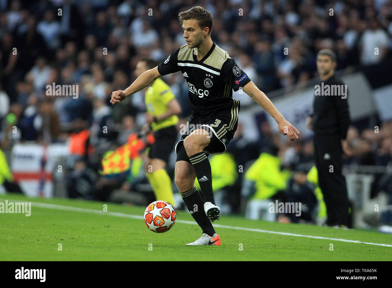 London, UK. 30th Apr, 2019. Joel Veltman of Ajax in action. UEFA Champions league match, semi- final, 1st leg match, Tottenham Hotspur v Ajax at The Tottenham Hotspur Stadium in London on Tuesday 30th April 2019. this image may only be used for Editorial purposes. Editorial use only, license required for commercial use. No use in betting, games or a single club/league/player publications . Credit: Andrew Orchard sports photography/Alamy Live News Stock Photo