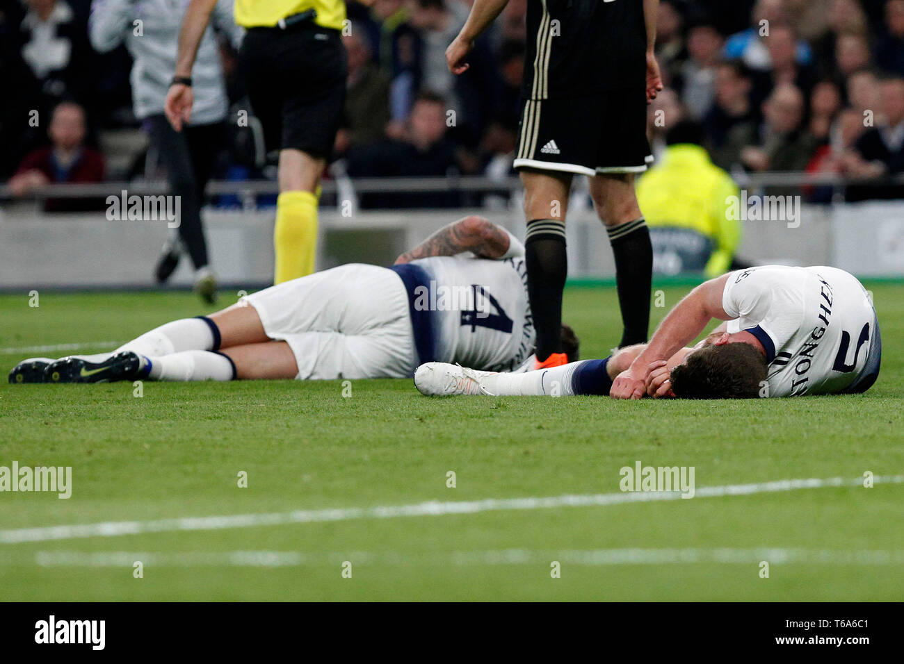 London, UK. 30th Apr, 2019. Toby Alderweireld of Tottenham and Jan Vertonghen of Tottenham lay prone during the UEFA Champions League Semi Final match between Tottenham Hotspur and Ajax at Tottenham Hotspur Stadium, London, England on 30 April 2019. Photo by Carlton Myrie. Editorial use only, license required for commercial use. No use in betting, games or a single club/league/player publications. Credit: UK Sports Pics Ltd/Alamy Live News Stock Photo