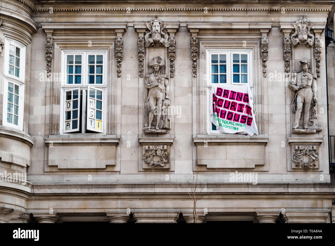 London, UK. 30th April 2018. Goldsmiths Anti-Racist Action celebrate 50 days of occupation of the management building, the former Deptford Town Hall. The occupation began when the university failed to respond adequately to racist abuse of a candidate in the student elections. Students claim the university fails to treat BAME students and workers fairly, and among other demands insist Goldsmiths produces a strategic plan to tackle racism and bring service staff in-house. Credit: Peter Marshall/Alamy Live News Stock Photo
