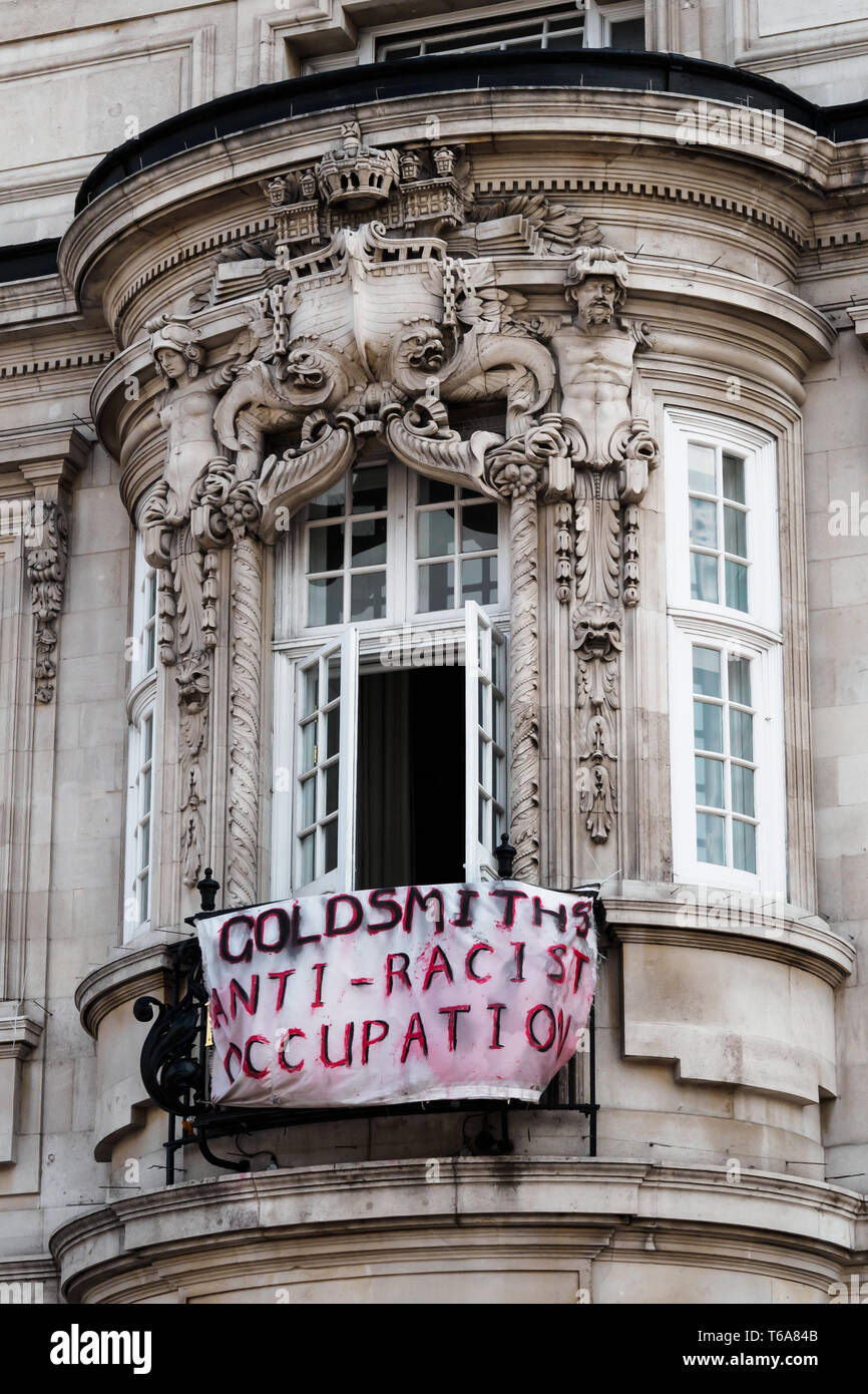 London, UK. 30th April 2018. Goldsmiths Anti-Racist Action celebrate 50 days of occupation of the management building, the former Deptford Town Hall with a party. The occupation began when the university failed to respond adequately to racist abuse of a candidate in the student elections. Students claim the university fails to treat BAME students and workers fairly, and among other demands insist Goldsmiths produces a strategic plan to tackle racism. Credit: Peter Marshall/Alamy Live News Stock Photo