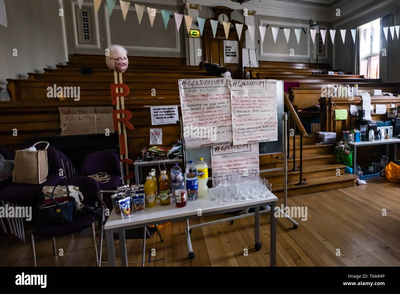 London, UK. 30th April 2018. Goldsmiths Anti-Racist Action celebrate 50 days of occupation of the management building, the former Deptford Town Hall with a party. The occupation began when the university failed to respond adequately to racist abuse of a candidate in the student elections. Students claim the university fails to treat BAME students and workers fairly, and among other demands insist Goldsmiths produces a strategic plan to tackle racism. Credit: Peter Marshall/Alamy Live News Stock Photo