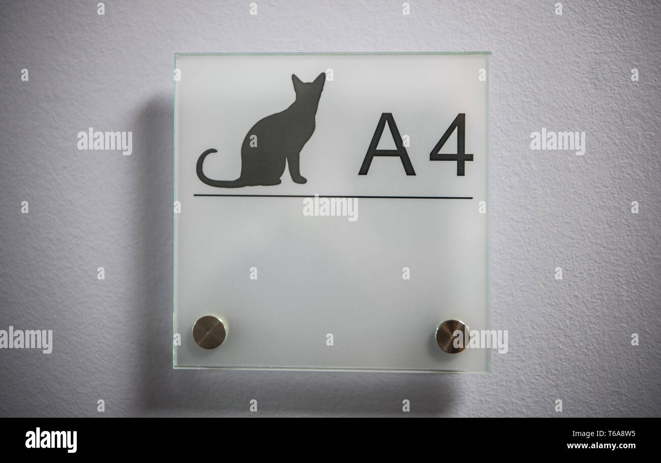 Hofheim, Germany. 15th Mar, 2019. A cat symbol indicates the treatment room  which is only used for these pets. The animal clinic in Hofheim covers the  areas of internal medicine, radiology, oncology,