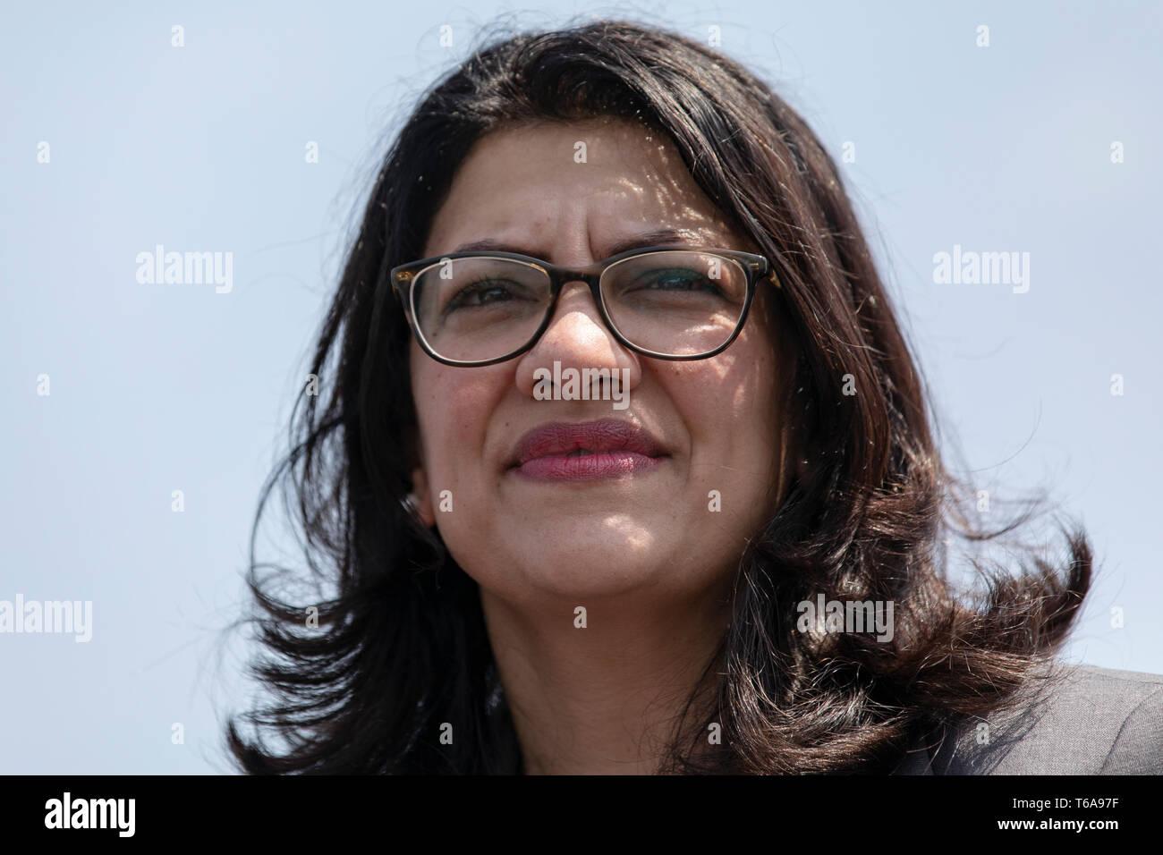 United States Representative Rashida Tlaib, Democrat of Michigan, speaks during a press event in front of the United States Capitol in Washington, DC on April 30, 2019. Several members of Congress attended the event and spoke out against recent tweets by President Donald Trump that attacked Rep. Ilhan Omar. Credit: Alex Edelman/CNP/MediaPunch Stock Photo