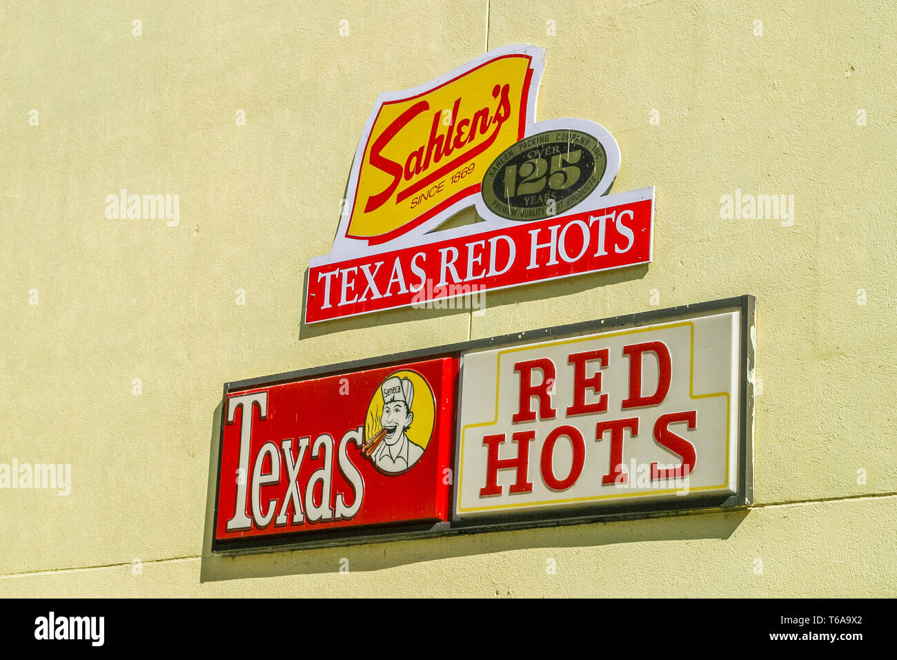 Sign advertising Texas Red hots Stock Photo Alamy