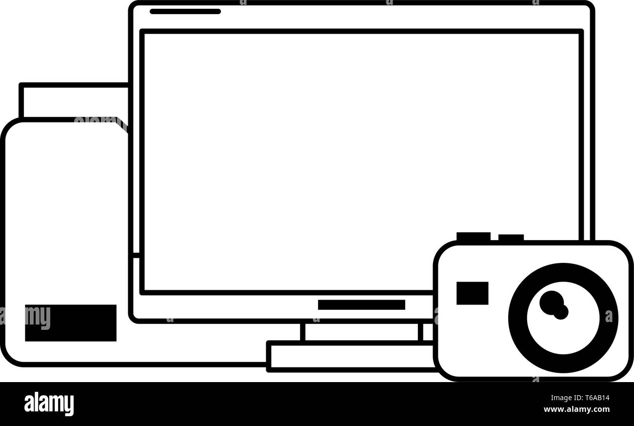 computer with documents folder and camera black and white Stock Vector