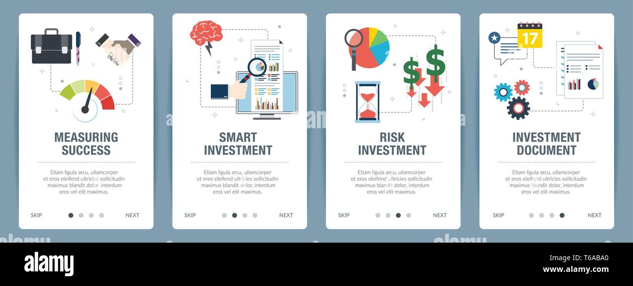 Web banners concept in vector with measuring success, smart investment, risk investment and investment document. Internet website banner concept with  Stock Vector