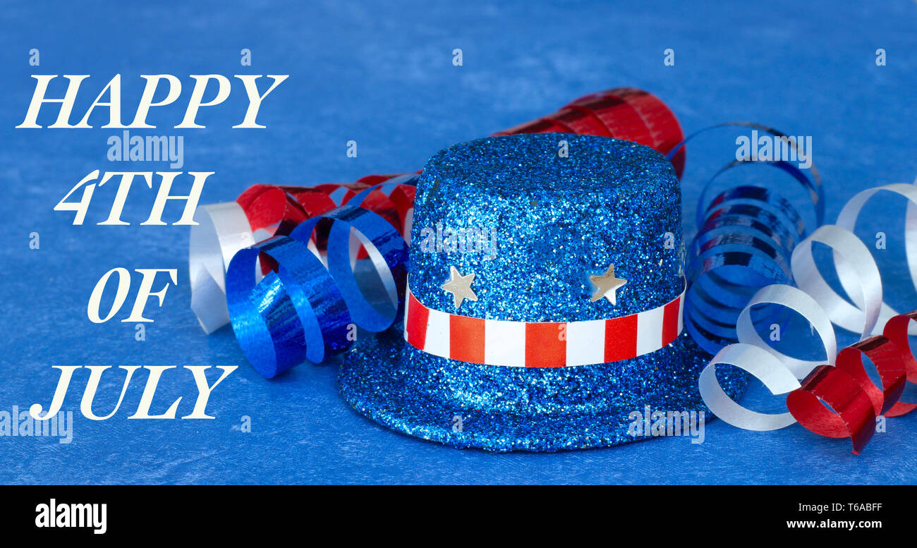 red white and blue hat and ribbon on a blue background with happy 4th of July in white text Stock Photo