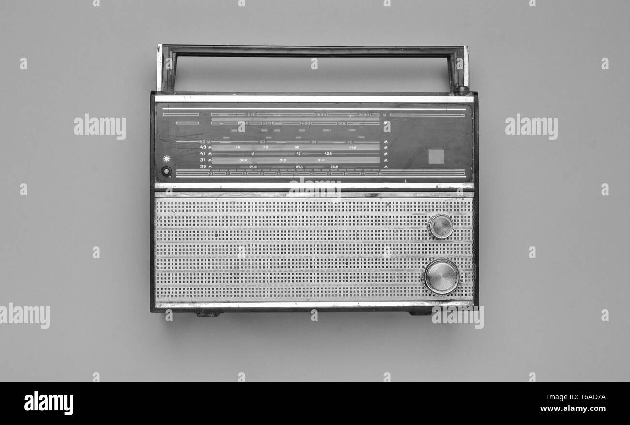 Black and white photo of a retro radio receiver. Stock Photo