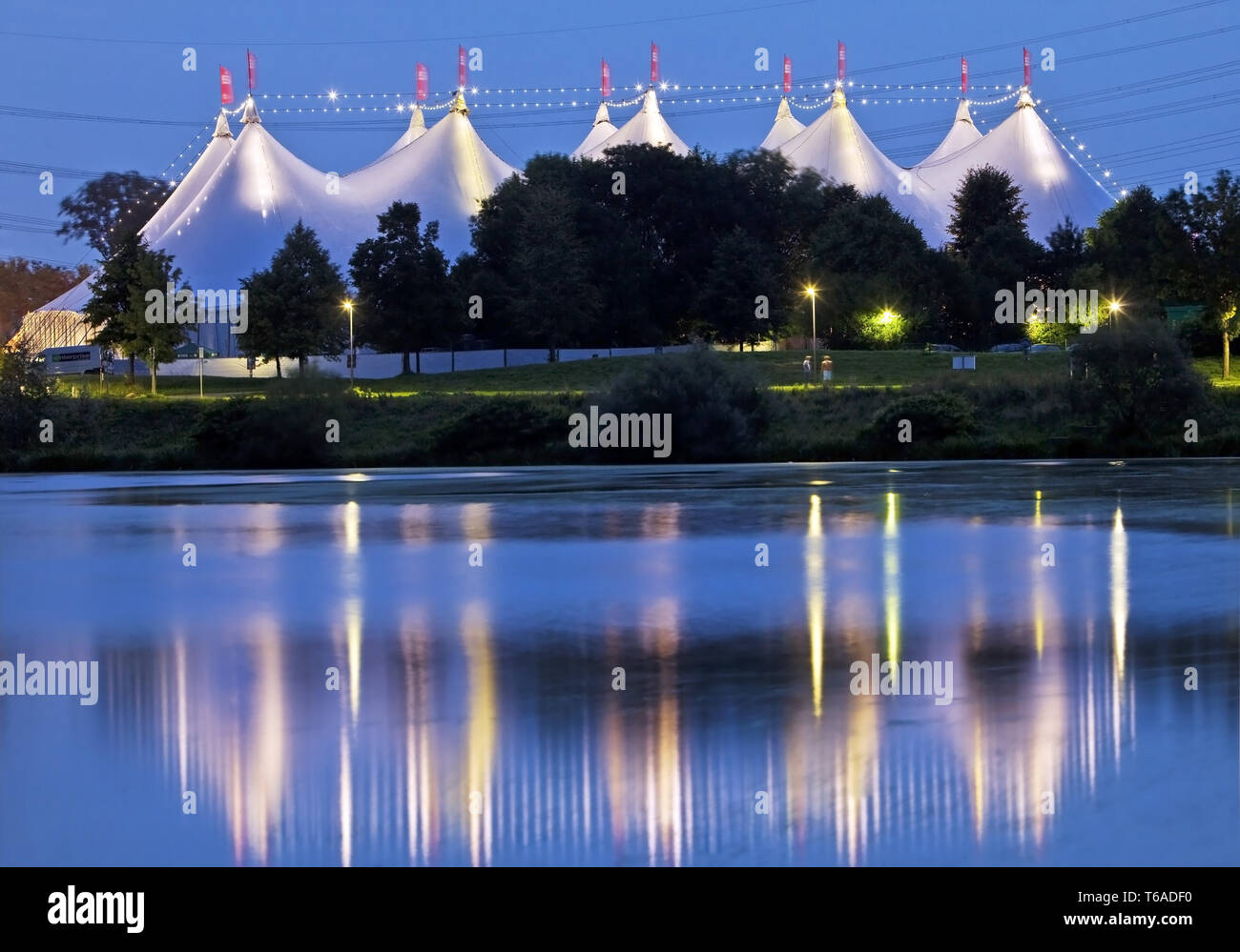 tent festival Ruhr nearby Kemnader reservoir in the evening, Bochum, Ruhr Area, Germany, Europe Stock Photo