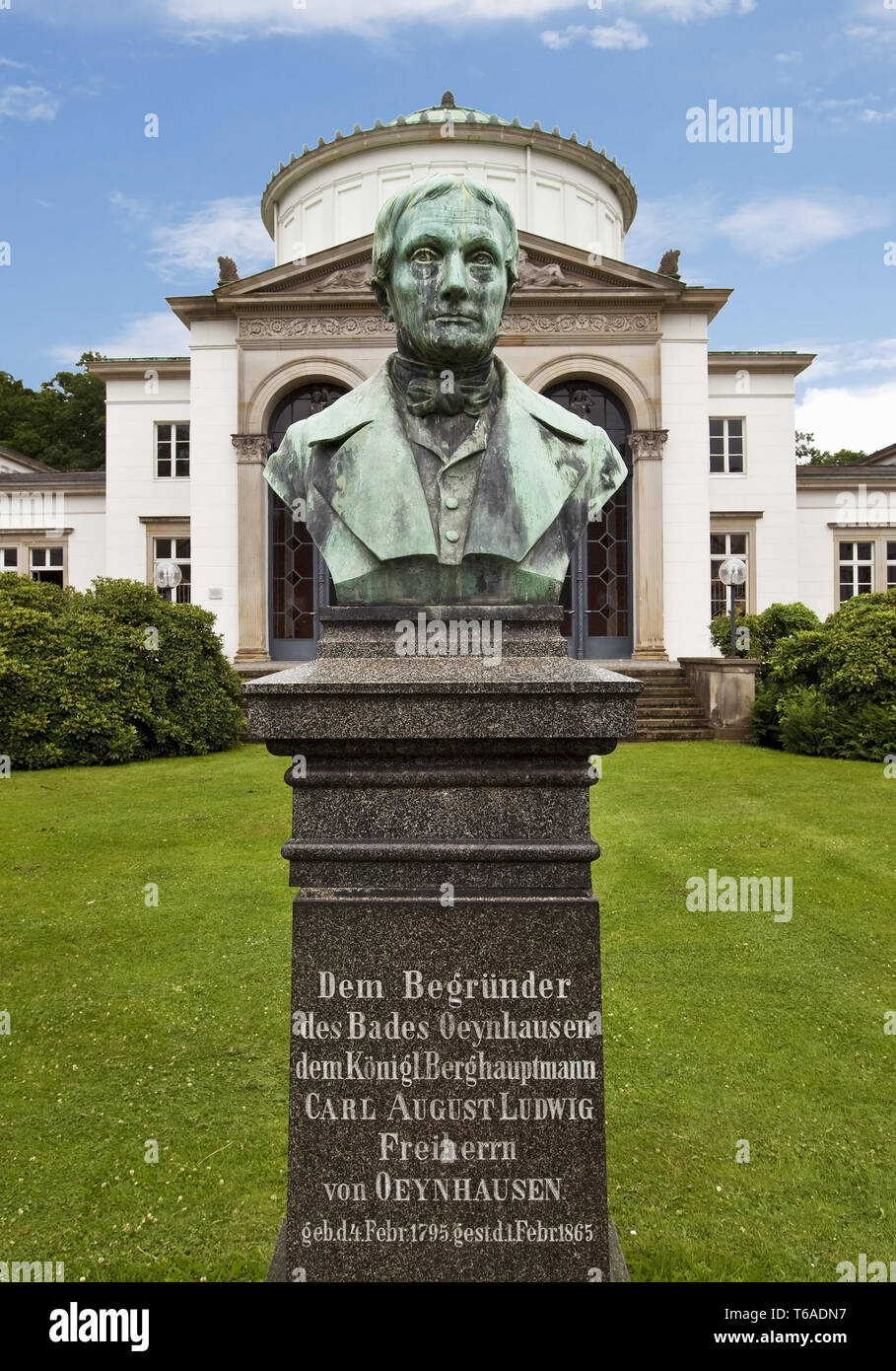 bust of Karl von Oeynhausen in front of Badehaus 1 in the spa park, Bad Oeynhausen, Germany Stock Photo
