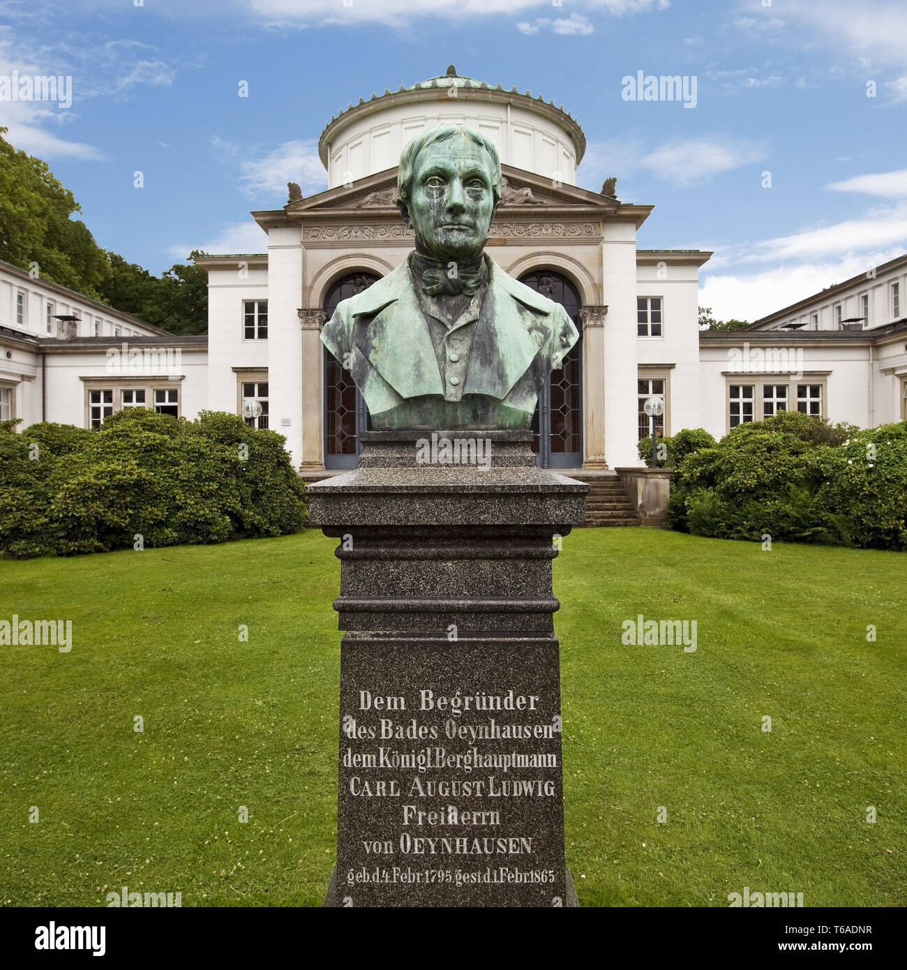 bust of Karl von Oeynhausen in front of Badehaus 1 in the spa park, Bad Oeynhausen, Germany Stock Photo