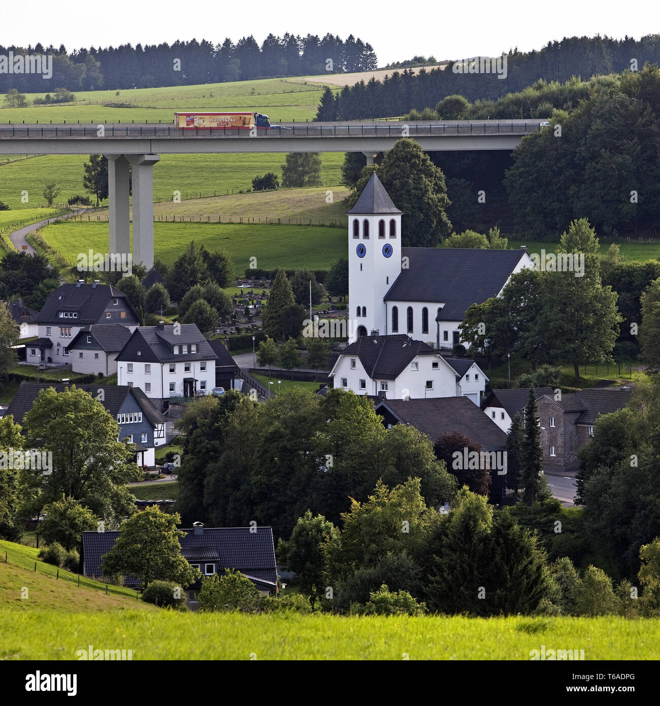 Bleche village and A45 motorway brigde, Drolshagen, Sauerland, Noth Rhine-Westphalia, Germany Stock Photo