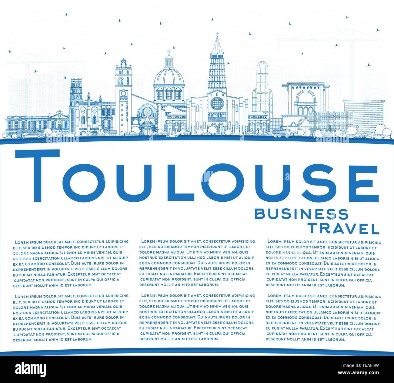 Outline Toulouse France City Skyline with Blue Buildings and Copy Space