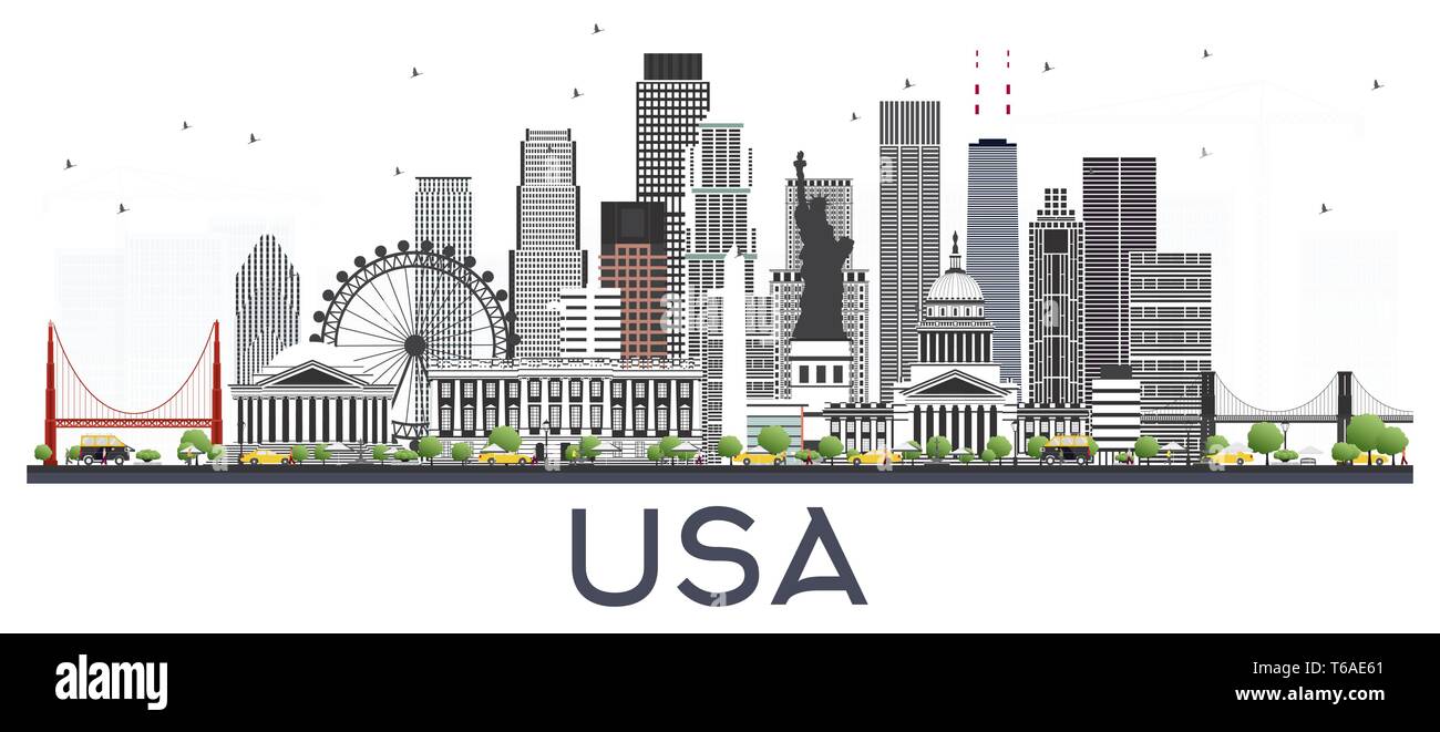 USA City Skyline with Gray Buildings Isolated on White. Vector Illustration. Business Travel and Tourism Concept with Modern Architecture. USA. Stock Vector