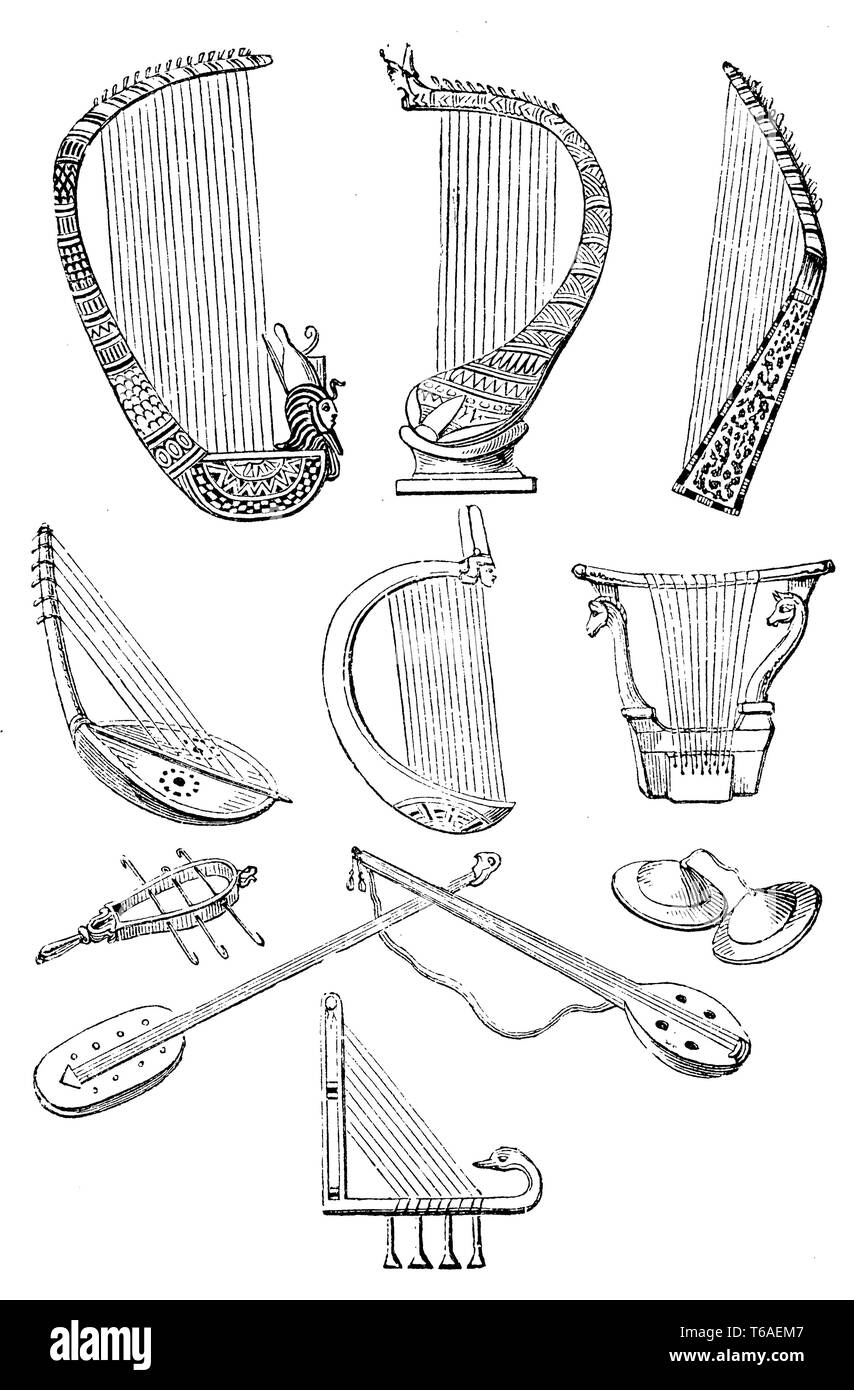 Stringed instruments from ancient Egyptian monuments,   1885 Stock Photo