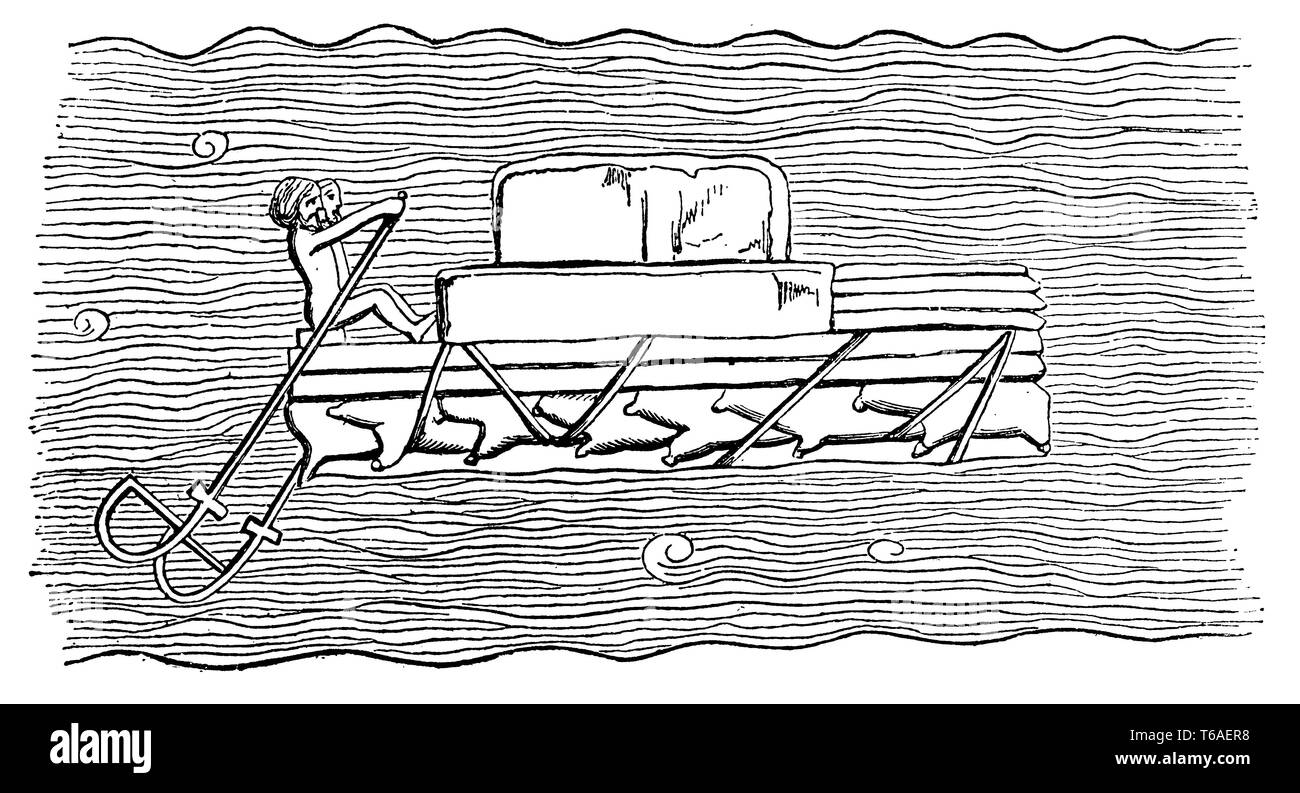 Assyrian raft made of inflated animal skins, 1885 Stock Photo Alamy