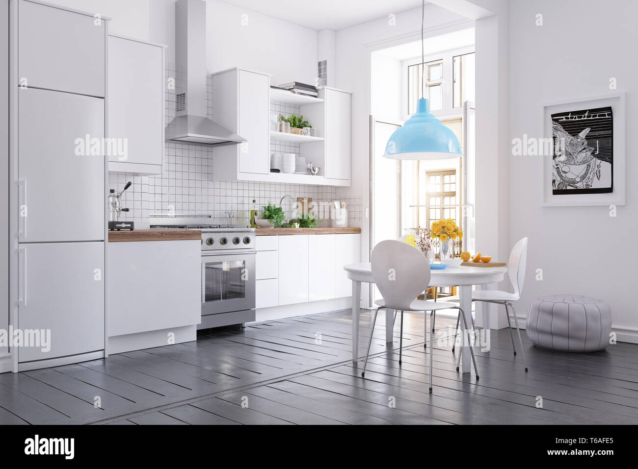 Modern Scandinavian Style Kitchen Interior 3d Rendering