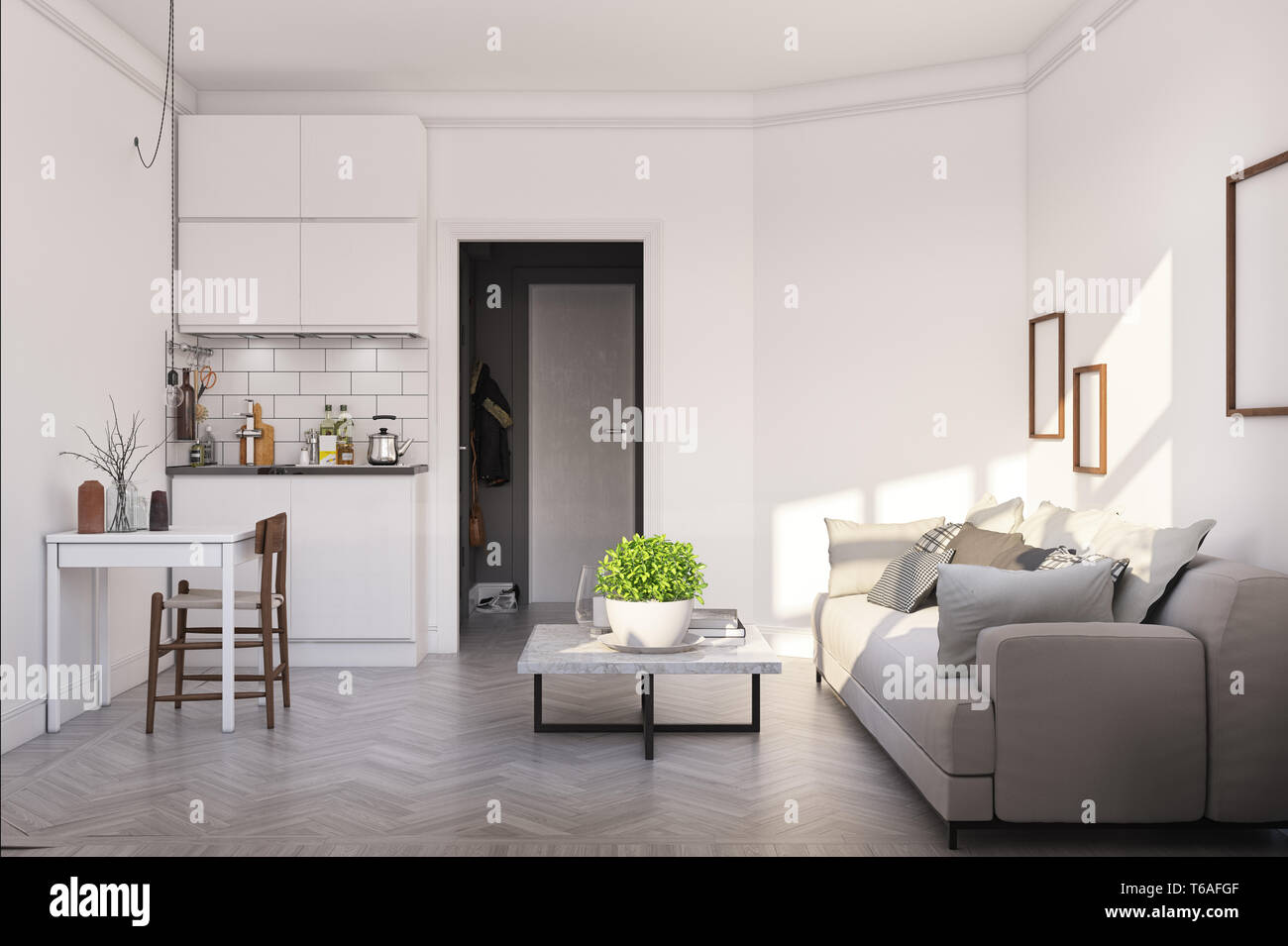 Image showcasing compact scandinavian style living room design. 3d rendering concept ...