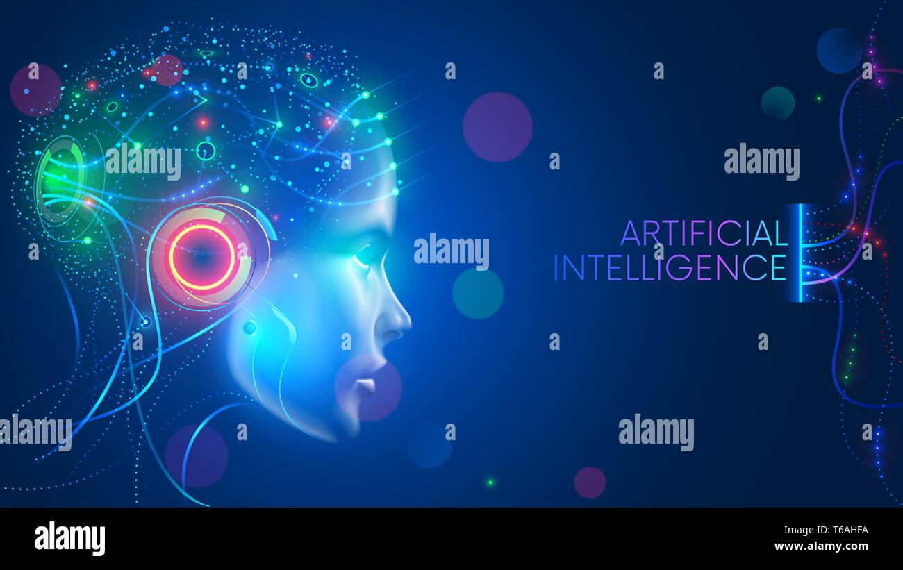 Artificial intelligence in humanoid head with neural network thinks. AI with Digital Brain is learning processing big data, analysis information. Face Stock Vector