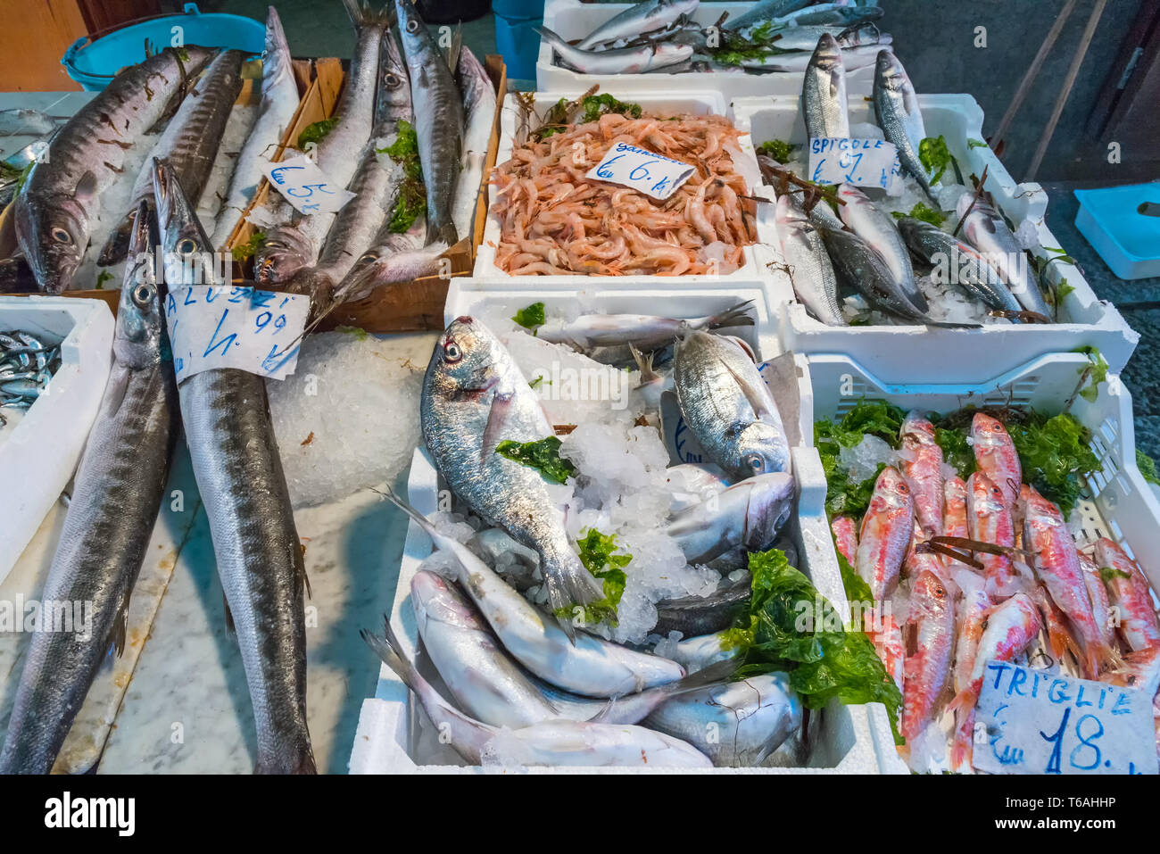 Market stand with fish and seafood seen in Palermo, Sicily Stock Photo