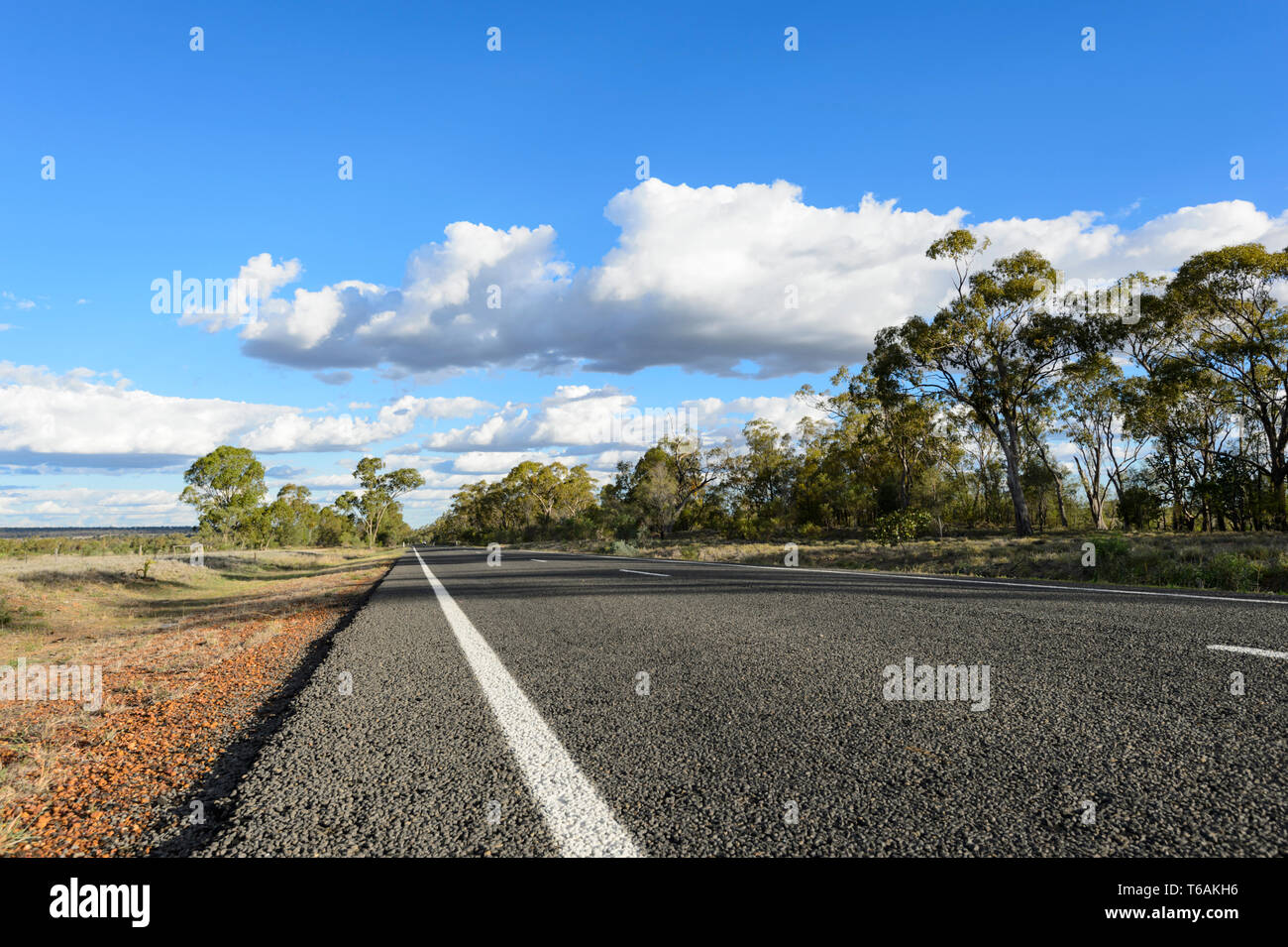 A straight and deserted stretch of the Carnarvon Highway with a white