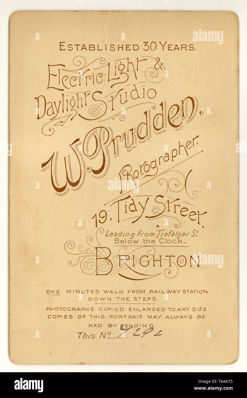 Late Victorian Cabinet Card by W. Prudden, 19 Tidy St., Brighton, U.K., circa 1899, 1900 Stock Photo