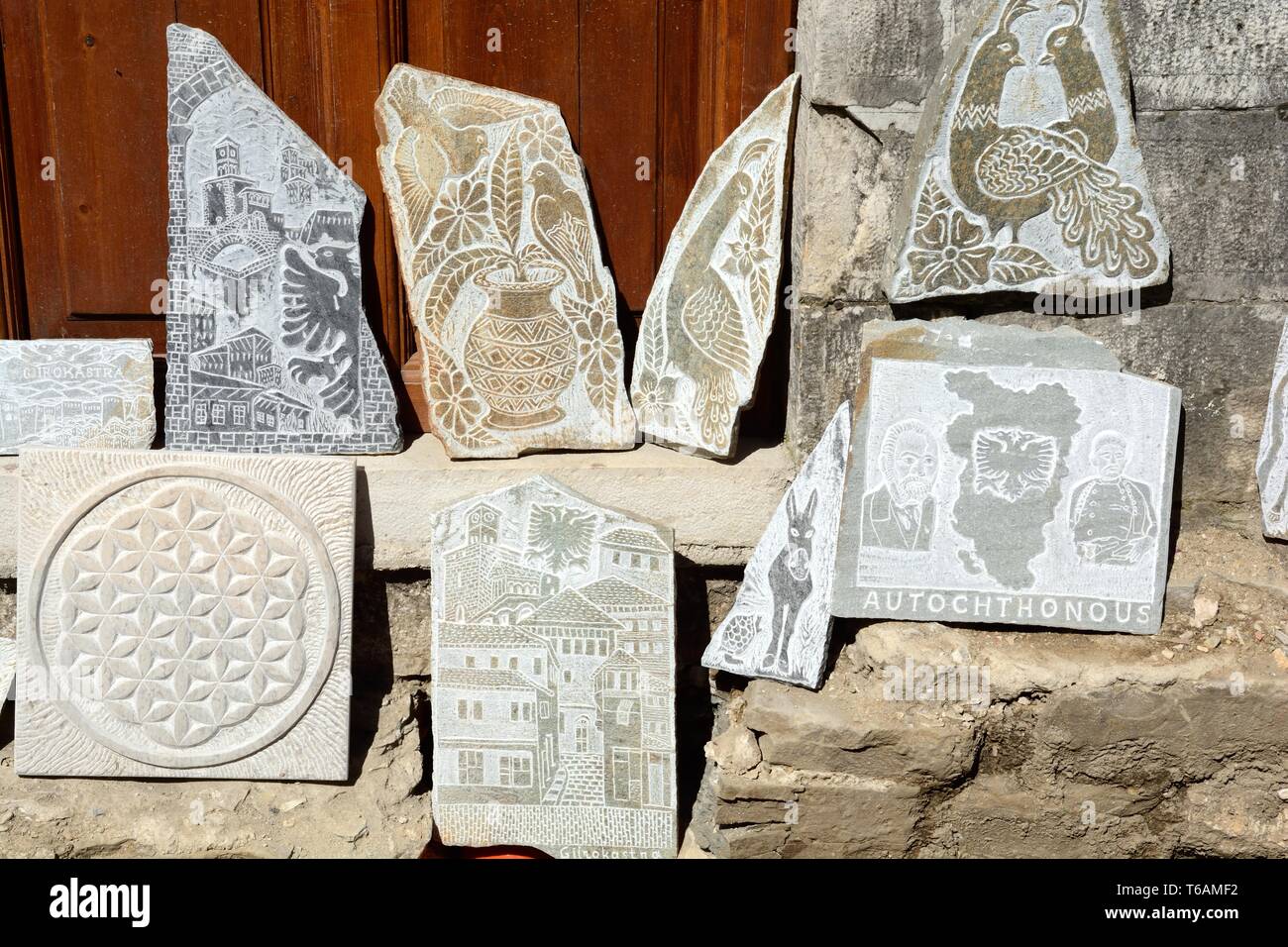 Stone carved pictures for sale in Gjirokastra Albania Stock Photo Alamy