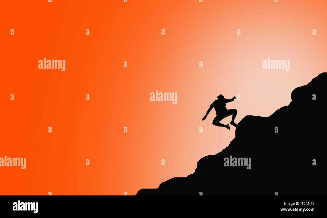 Healthy sports motivational trekkers illustration poster.Vector illustration of a trekker hiking on mountain with orange gradient background.Alpinist. Stock Photo