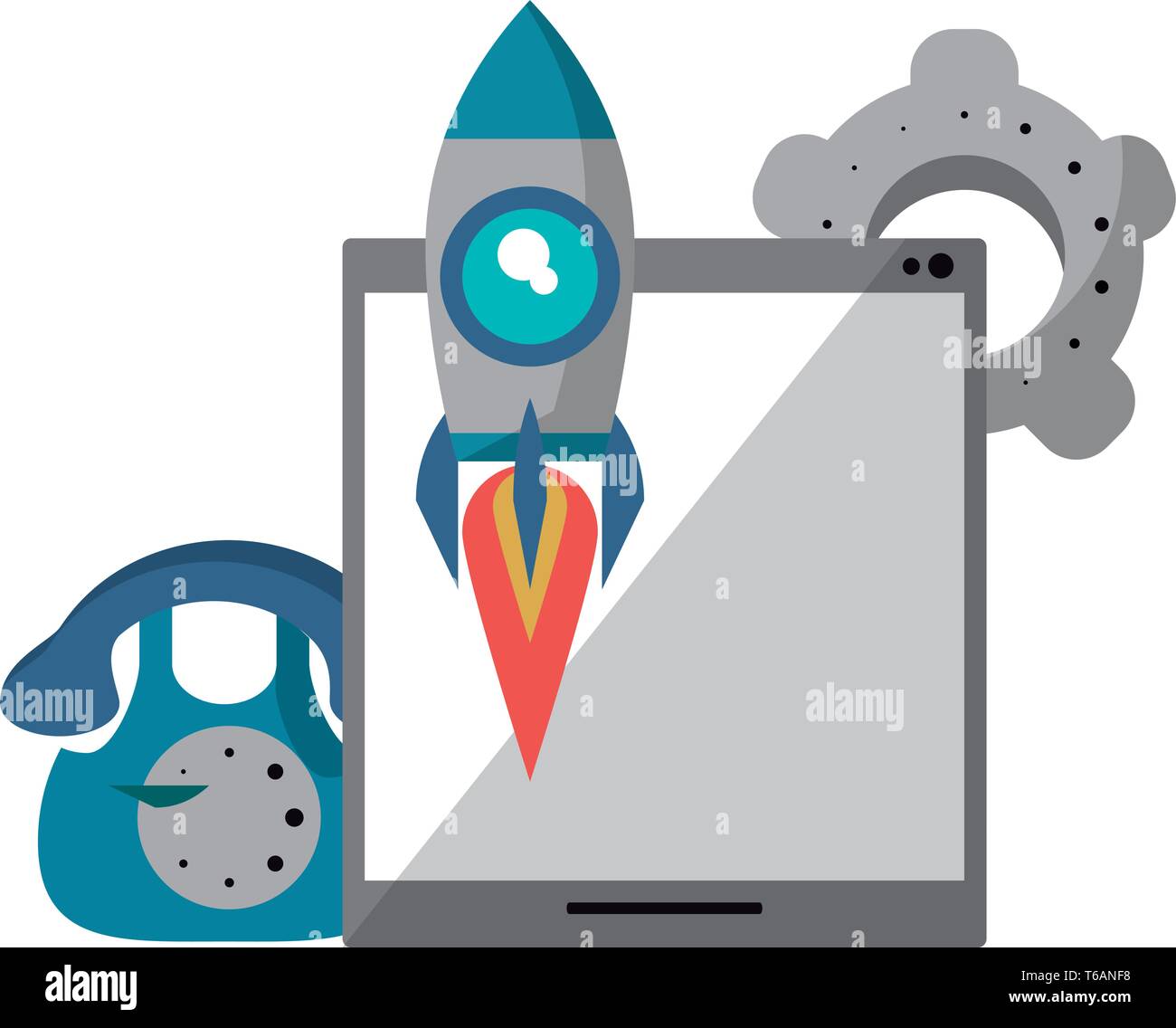 tablet with rocket telephone and gears Stock Vector Image & Art - Alamy
